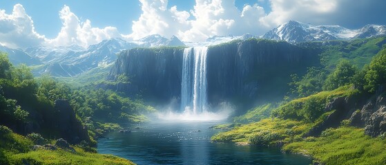 Fototapeta premium Beautiful natural landscape with a large waterfall with water falling into a large valley in a deep forest with green grass growing