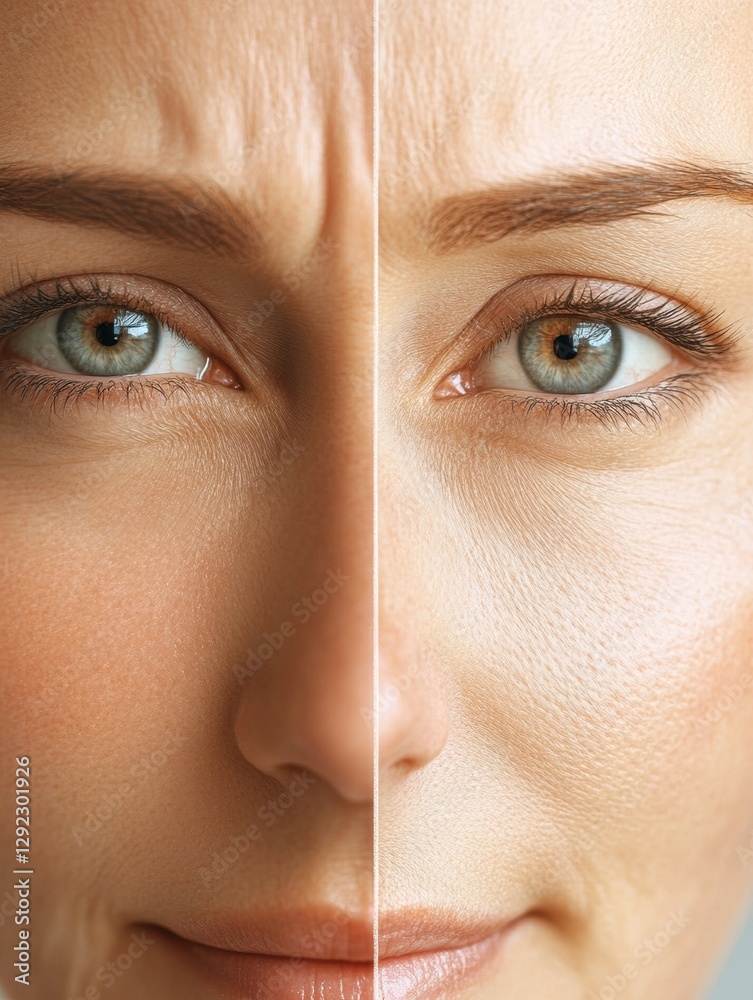 Poster contrast between aging and youth in close up of womans face depicting medicine applications for skin