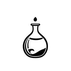 Black-and-white vector illustration of a flask containing clear liquid, with a drop above.