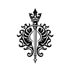 Royal Sword Crest: Black and White. Ornamental crown and sword with intricate details, featuring a design of vines.