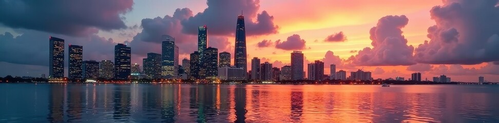 Naklejka premium Stunning Miami downtown panorama at sunset, glittering cityscape over tranquil water , Miami, colorful, day