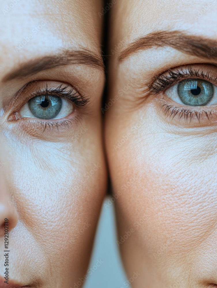 Aufkleber womans face in contrast with drawn lines on one side, showcasing age and smoothness on the other sid