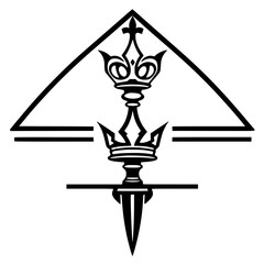 Abstract geometric representation of a heraldic crest with a crown, within a black outlined triangle.