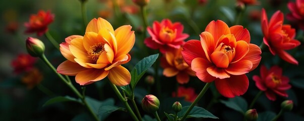 Red and yellow hues of bloom mix with dark greens, , petals, red