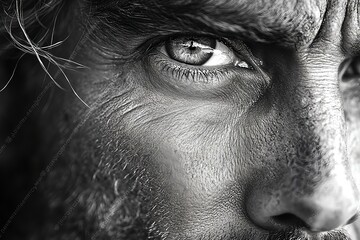 Naklejka premium An emotional black-and-white photo of a close-up of the face of an elderly craftsman with wrinkles on his face and a stubborn and proud appearance.