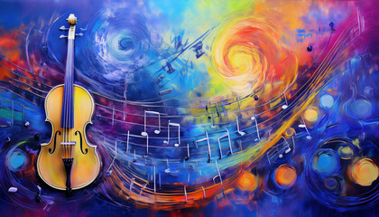 A vibrant and artistic painting features a violin and a piano keyboard surrounded by swirling musical notes and colorful abstract brushstrokes, creating a dynamic and expressive composition.
