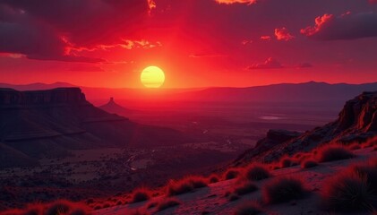 Crimson sun dips below distant mesas, casting long shadows, rock, beautiful, image