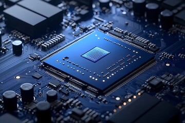 Fototapeta premium A large, wide, ultra-high-performance blue-emitting CPU chipset appears on a complex, high-end, blue-emitting electronic board.