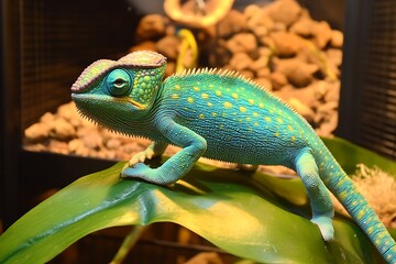 Fototapeta premium green chameleon perched on a sunlit leaf