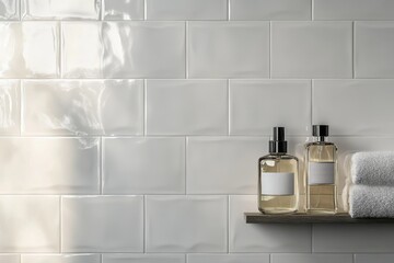 The chic bathroom exudes sophistication, showcasing elegant glass bottles and perfectly arranged, fluffy towels set against a backdrop of gleaming tiles