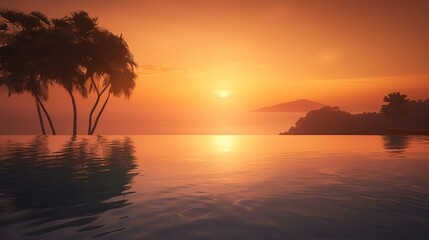 A luxurious infinity pool overlooking the ocean, with tropical sunsets in the background and warm ambient lighting.