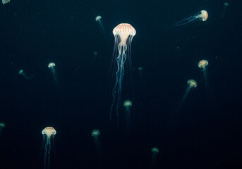 Bioluminescent underwater scene with glowing jellyfish drifting in the deep sea