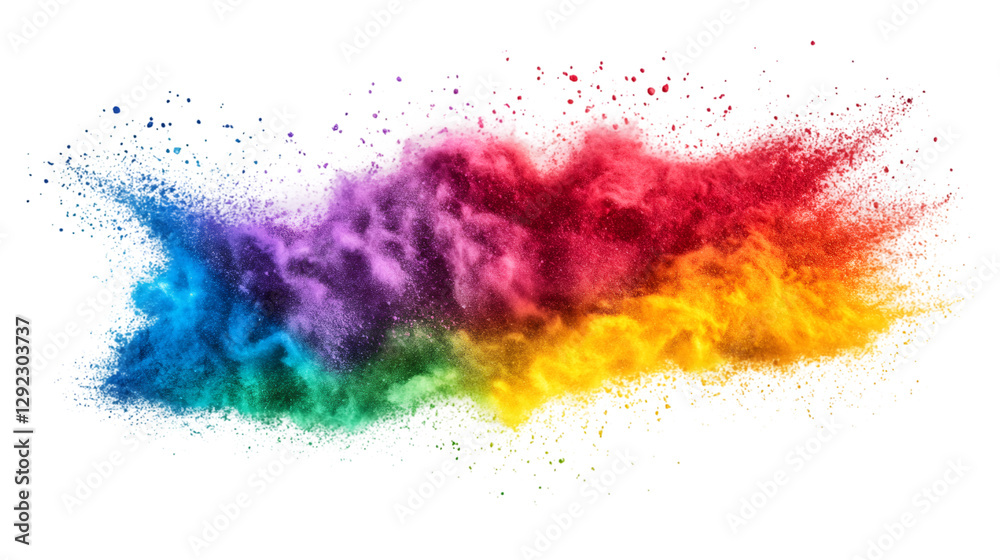 Poster colorful powder bursting into dynamic cloud, vibrant pigments dispersing with dramatic splatter agai