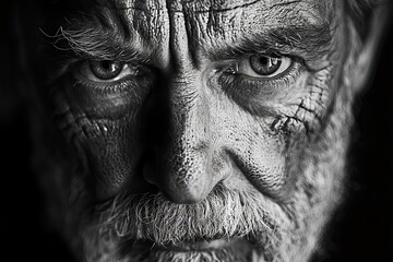 Obraz premium An emotional black-and-white photo of a close-up of the face of an elderly craftsman with wrinkles on his face and a stubborn and proud appearance.
