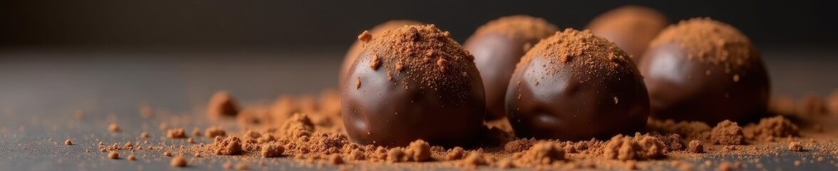 Rich dark chocolate truffles, dusted cocoa powder, closeup, rich