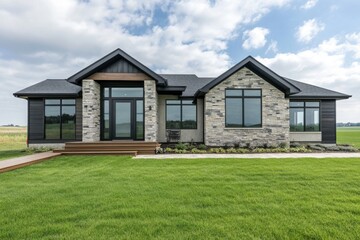 Modern suburban house with large windows and a landscaped yard set against a backdrop of open fields under a partly cloudy sky