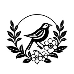 Black-and-white illustration of a bird, perched on flowers, surrounded by leaves.