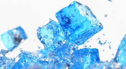 Fresh Blue Ice Cubes Splashing in Clear Water with Bubbles