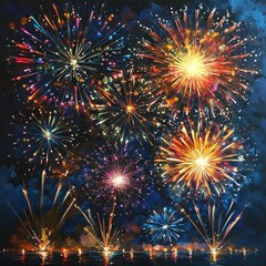 Naklejka premium Vibrant Fireworks Display in Impressionism Style with Colorful Explosions and Light Reflections in Dark Night Sky