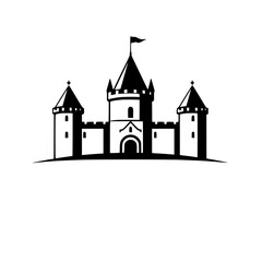 Obraz premium Black and White Castle in a minimal logo composition. Silhouette of a medieval castle with crenellated walls.