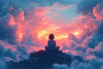 Child Praying Serene Illustration Colorful Pastel Clouds Faith Spirituality