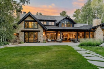 Discover a luxurious modern home featuring a stunning stone exterior, complemented by an expansive lawn. Nestled among trees, this beautiful property offers a breathtaking sunset view.