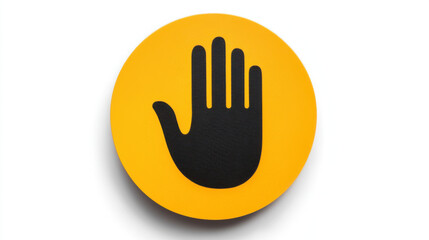 Stop hand symbol on bright yellow circular background, conveying caution and alertness