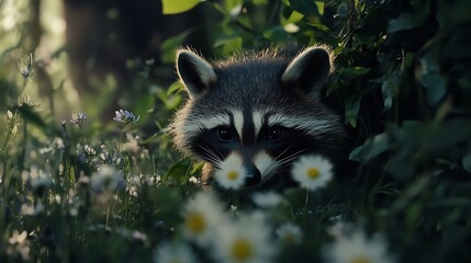A raccoon peeking from behind lush greenery, surrounded by blooming daisies, emitting a curious and playful vibe during golden hour