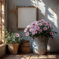 Fototapeta premium Minimalist Interior Design Mockup with Flower Pot Decoration in Serene Space