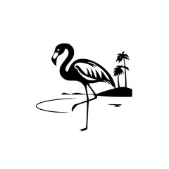 A stylized black and white depiction of a flamingo standing on one leg with palm trees in the background.
