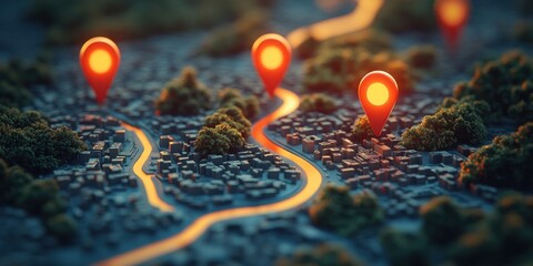 3D City Map with Red Markers and Route for Travel Navigation and GPS Location Concept