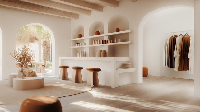 Intérieur minimaliste d'un concept store avec espace café et mode dans des tons beige et terre cuite - Powered by Adobe