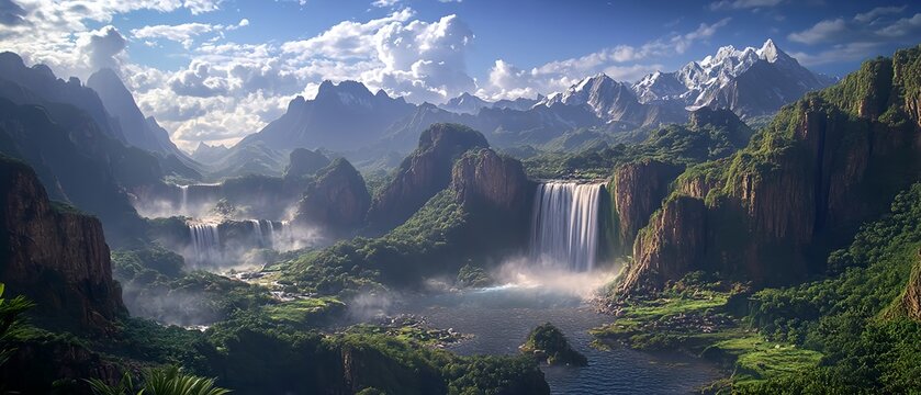 A beautiful natural landscape with a large waterfall falling into a large valley in a rugged deep forest with many large rocky mountains.
