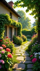Sun-drenched cottage garden, stone path, vibrant blooms, summer day, blossom, scenery