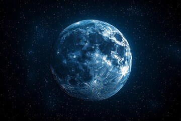 Fototapeta premium A large full moon emitting blue light in the black space of space