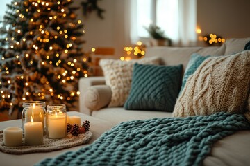 Cozy Christmas Living Room Interior with Tree Sofa Decoration Gifts and Minimalist Design