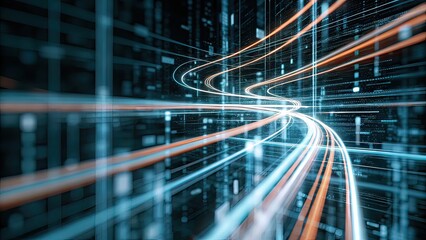 High-speed digital data highway with glowing light trails, symbolizing fast internet, data flow, and futuristic technology.