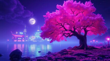 Obraz premium Romantic Nighttime Pink Flowering Tree with Moon and Neon City Reflection on Water