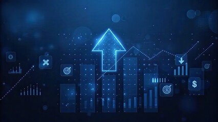 Fototapeta premium Blue neon upward arrow on a futuristic stock exchange interface, representing positive financial growth and investment success