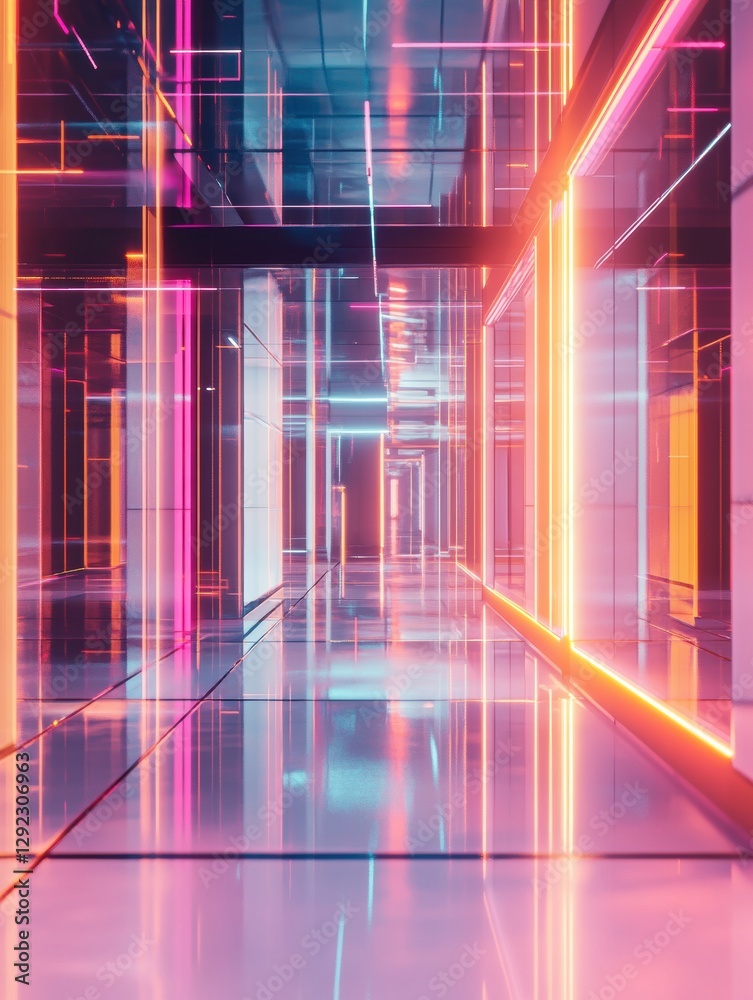 Poster vibrant neon corridor in a futuristic urban environment with glowing lights and reflective surfaces.