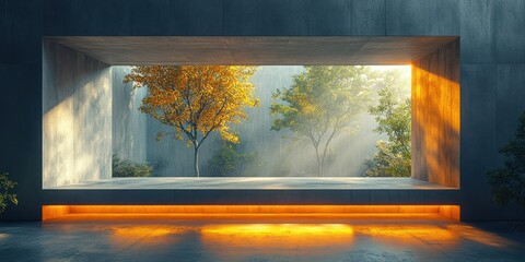 Modern Concrete Room with Ambient Lighting and Dramatic Shadows in Minimalist Brutalist Style