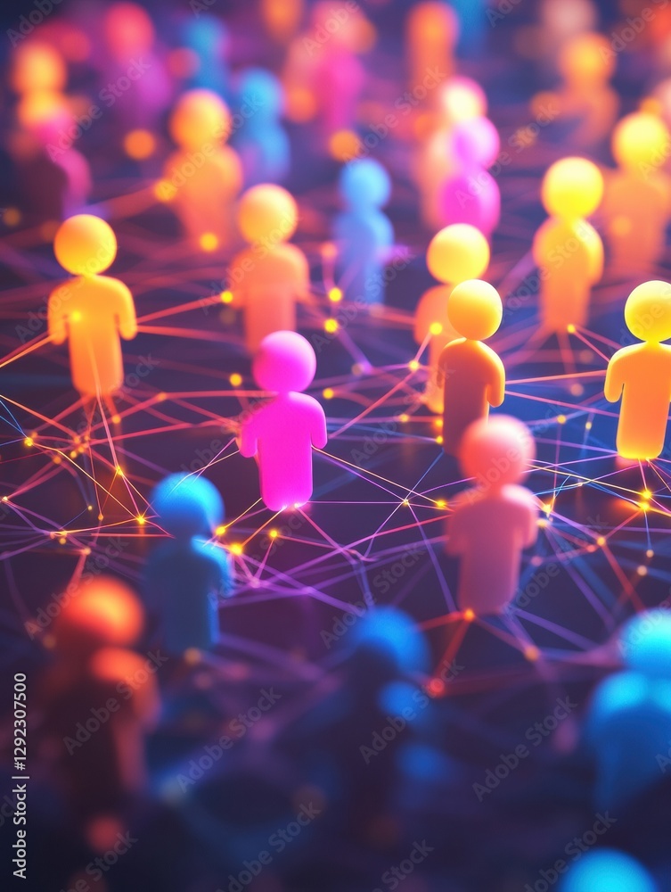 Poster colorful 3d avatars connected by glowing lines represent digital social media interaction and commun