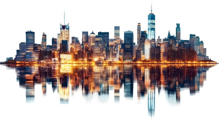Lower Manhattan skyline with illuminated skyscrapers reflecting on water with transparent background