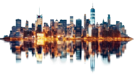 Lower Manhattan skyline with illuminated skyscrapers reflecting on water with transparent background