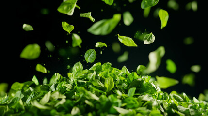 Floating green dried oregano leaves on dark background for culinary or herbal design