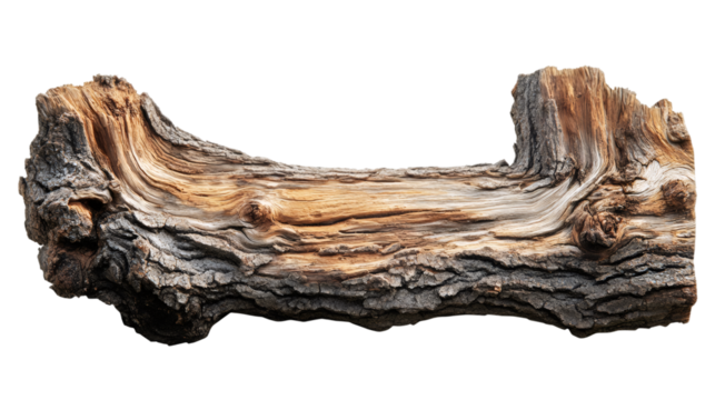 Weathered wooden log revealing detailed bark texture, natural wood grain patterns against transparent backdrop