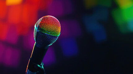 A Rainbow microphone with vibrant colors, symbolizing proud voice and creativity. Perfect for music and performance themes