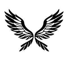 Obraz premium Black and White Illustration of Angel Wings, in a symmetrical, spread-out position, with intricate detailing.