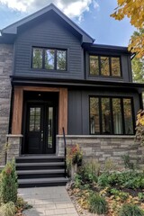 A contemporary two-story home features a striking black facade complemented by elegant stone accents, all set against a vibrant backdrop of autumn foliage illuminated by the warm light of the season
