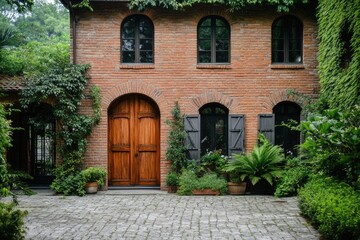 This charming brick house is surrounded by lush greenery and features beautiful wooden doors, all nestled in a serene garden setting that highlights the beauty of nature